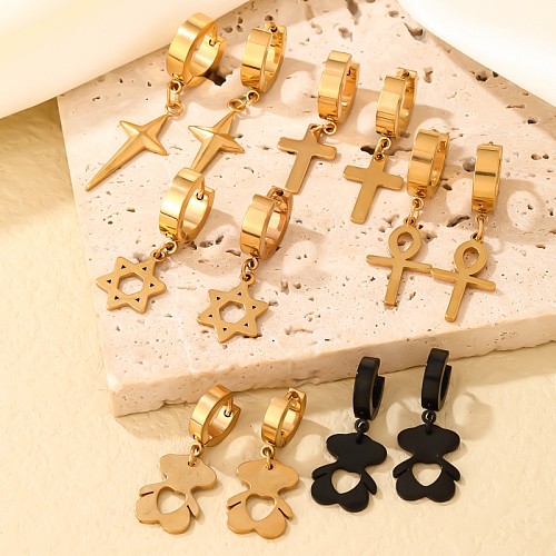 Boucles d'oreilles pendantes en acier inoxydable, 1 paire, style Hip-Hop Simple, hexagramme, croix, ours plaqué