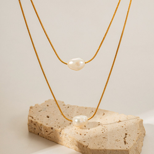 Estilo simples geométrico chapeamento de aço inoxidável pérola de água doce banhado a ouro 18K colares em camadas