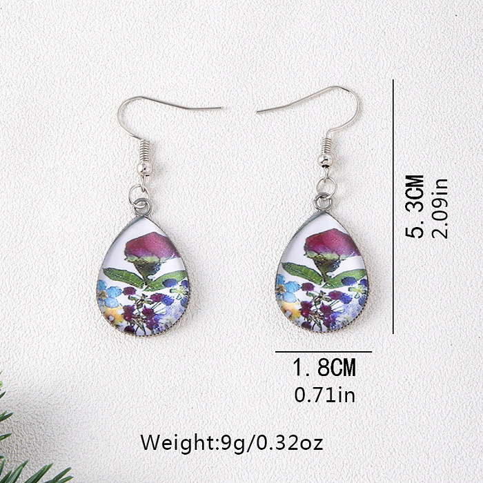 1 Pair Vacation Water Droplets Flower Stainless Steel  Inlay Glass Drop Earrings