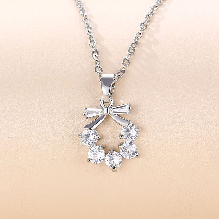 Elegant Round Flower Butterfly Stainless Steel  Plating Inlay Zircon 18K Gold Plated Pendant Necklace