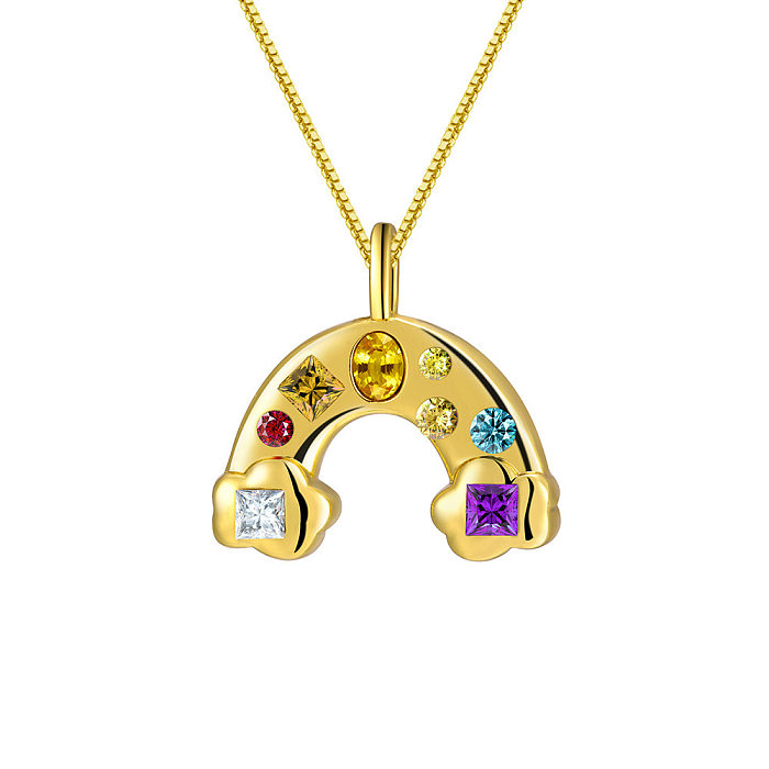 Retro Sweet Rainbow Stainless Steel Plating Inlay Zircon 18K Gold Plated Pendant Necklace Long Necklace