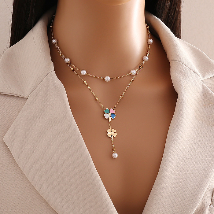 Commute Flower Stainless Steel  Imitation Pearl Tassel Plating Pendant Necklace