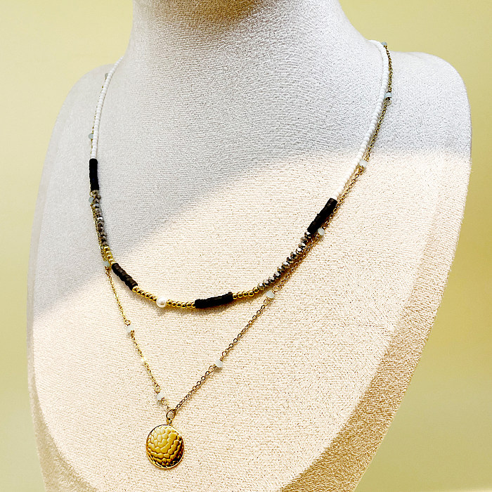 Lässige Vintage-Stil-Farbblock-Edelstahl-Kunstkristall-Kunstperlen-Perlen-Patchwork-Beschichtung vergoldete mehrschichtige Halsketten