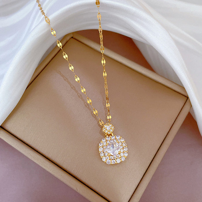 Fashion Square Stainless Steel Copper Chain Inlay Artificial Diamond Pendant Necklace