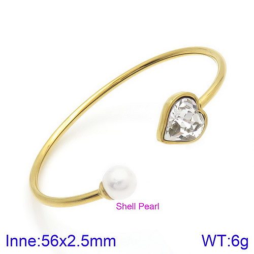 Modern Style Simple Style Heart Shape Stainless Steel Titanium Steel Plating Inlay Glass Stone Pearl 18K Gold Plated Bangle