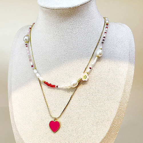 Elegant Sweet Heart Shape Stainless Steel  Beaded Enamel Plating Gold Plated Double Layer Necklaces