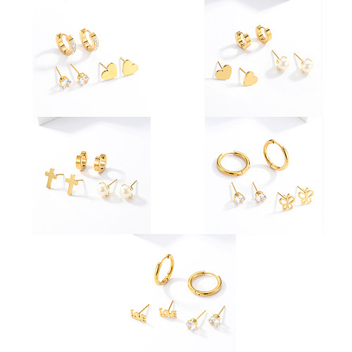 3 Pairs Fashion Simple Style Cross Heart Shape Butterfly Stainless Steel  Plating Inlay Pearl Zircon Ear Studs