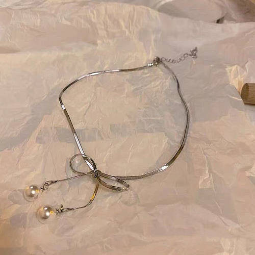 Elegant Sweet Bow Knot Stainless Steel Inlay Artificial Pearls Necklace