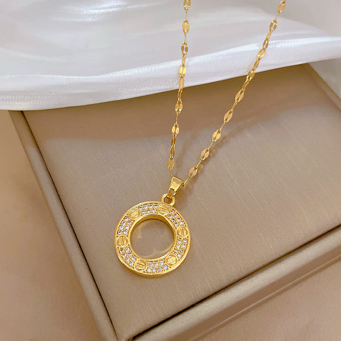 Simple Style Round Stainless Steel Copper Plating Inlay Rhinestones Pendant Necklace