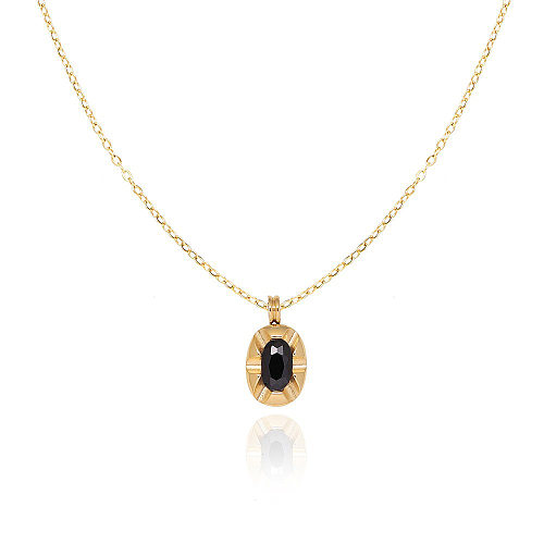 Retro Oval Stainless Steel Plating Inlay Gem Pendant Necklace