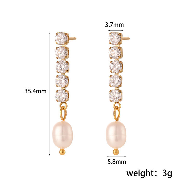 Elegante quadratische Ohrringe aus Edelstahl mit Inlay aus künstlichen Perlen und Zirkonen aus Edelstahl