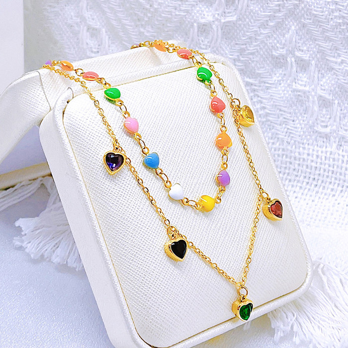 Vintage Style Heart Shape Stainless Steel Enamel Plating Inlay Zircon 18K Gold Plated Pendant Necklace