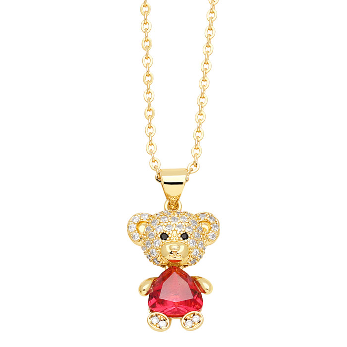Cute Little Bear Stainless Steel  Copper Plating Inlay Zircon 18K Gold Plated Pendant Necklace