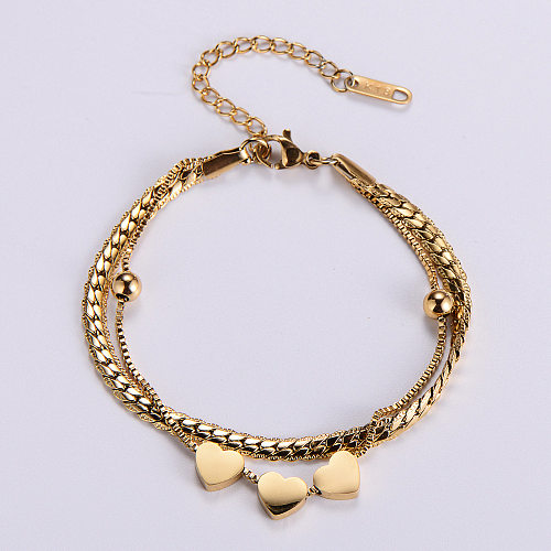 Bijoux pour femmes en gros en acier inoxydable plaqué or 18 carats double bracelet coeur