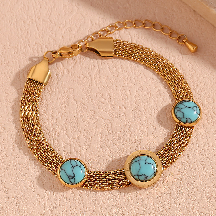 Vintage Style Classic Style Round Stainless Steel Plating Inlay Turquoise 18K Gold Plated Bracelets