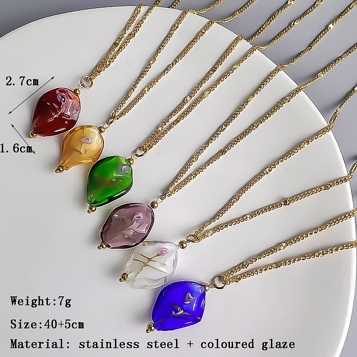 IG Style Leaf Stainless Steel  Glass Pendant Necklace In Bulk