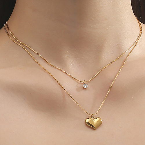 Moda coração forma chapeamento de aço inoxidável zircão em camadas colares 1 peça