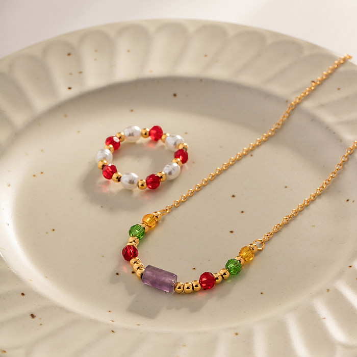 Collier plaqué or 18 carats en perles d'acier inoxydable multicolore de style simple, vente en gros