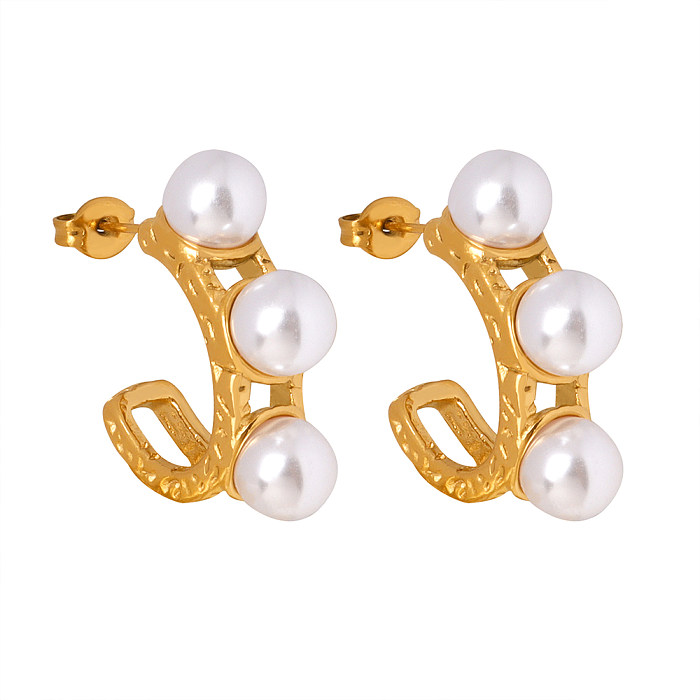 1 Pair Retro Baroque Style U Shape Round Plating Inlay Stainless Steel Artificial Pearls 18K Gold Plated Ear Studs