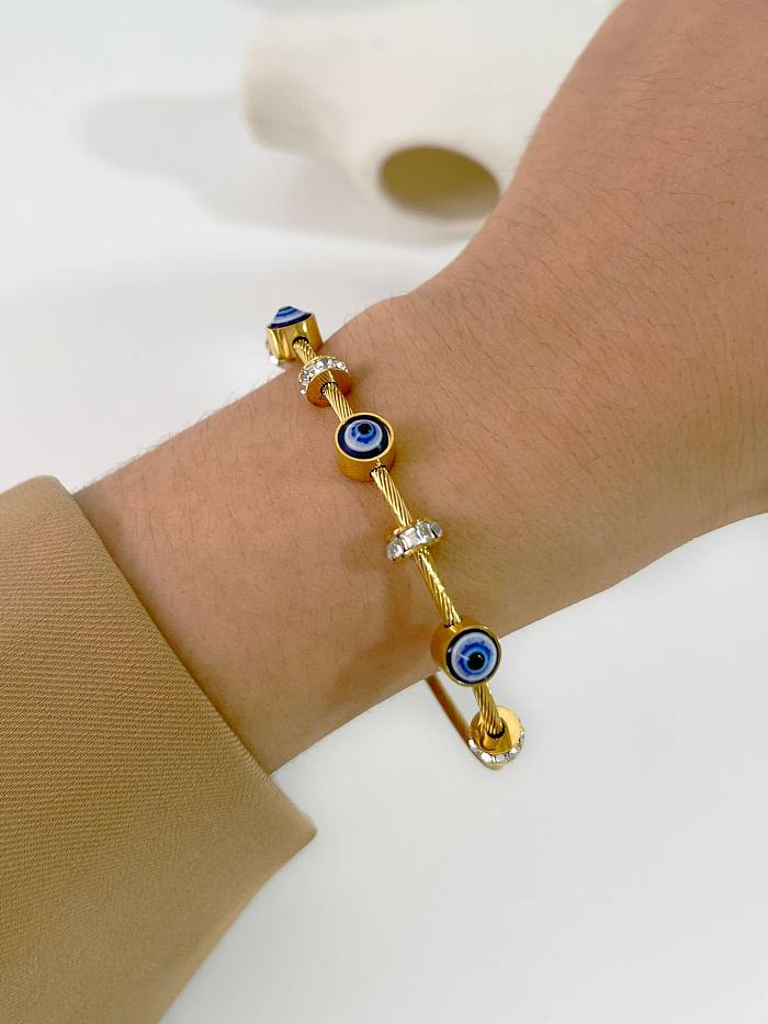 Wholesale Retro Bohemian Simple Style Devil's Eye Stainless Steel Enamel Plating Inlay 18K Gold Plated Artificial Rhinestones Bangle