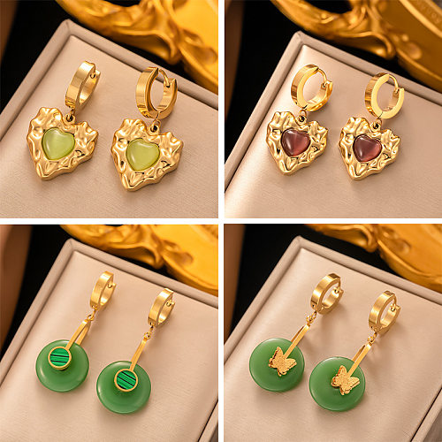 1 Pair IG Style Vintage Style Heart Shape Butterfly Plating Inlay Stainless Steel Agate 18K Gold Plated Drop Earrings