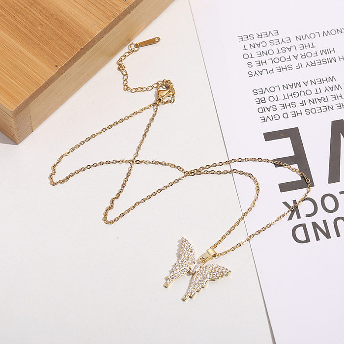 Elegant Glam Lady Butterfly Stainless Steel  Plating Inlay Zircon 18K Gold Plated Pendant Necklace