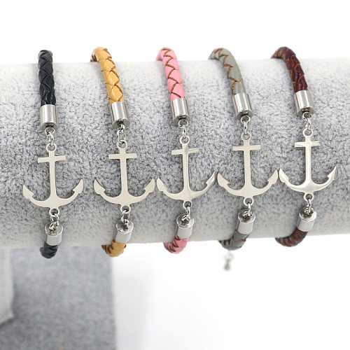 Fashion Anchor Stainless Steel Leather Patchwork Braid Bracelets 1 Piece