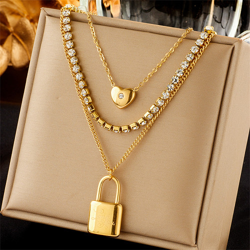 Retro Punk Heart Shape Lock Stainless Steel Plating Inlay Rhinestones 18K Gold Plated Three Layer Necklace