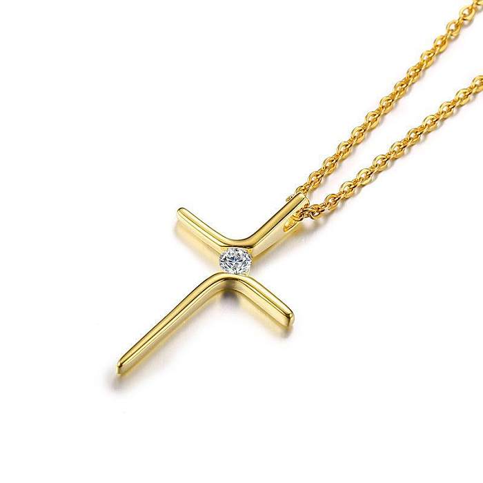 Simple Style Cross Stainless Steel Plating Zircon Pendant Necklace
