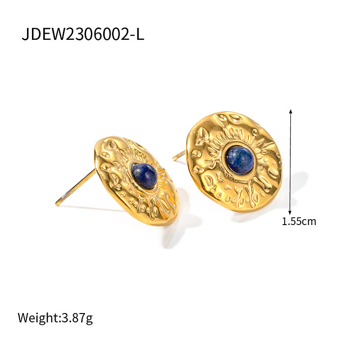 1 par IG estilo chapeamento de cor sólida plissado aço inoxidável pedra natural brincos banhados a ouro 18K
