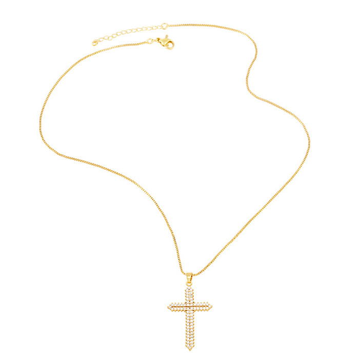 Hip-Hop Punk Cross Stainless Steel  Copper Plating Inlay Zircon 18K Gold Plated Pendant Necklace