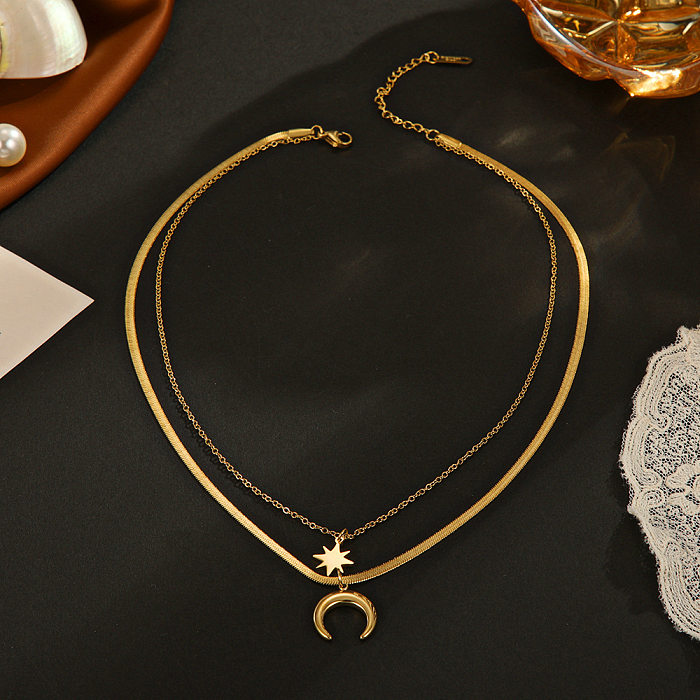 Mehrschichtige Retro-Stern-Mond-Halskette aus Edelstahl, 1 Stück