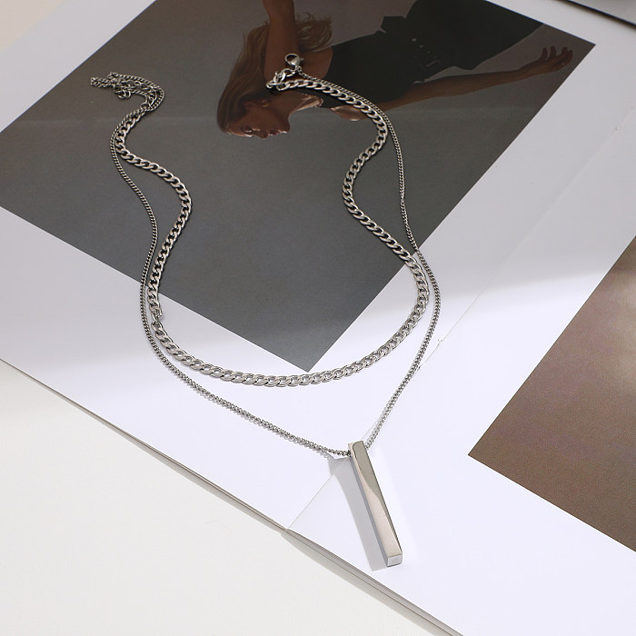 Elegante, schlichte Streetwear-Rechteck-Edelstahl-Doppelschicht-Halsketten