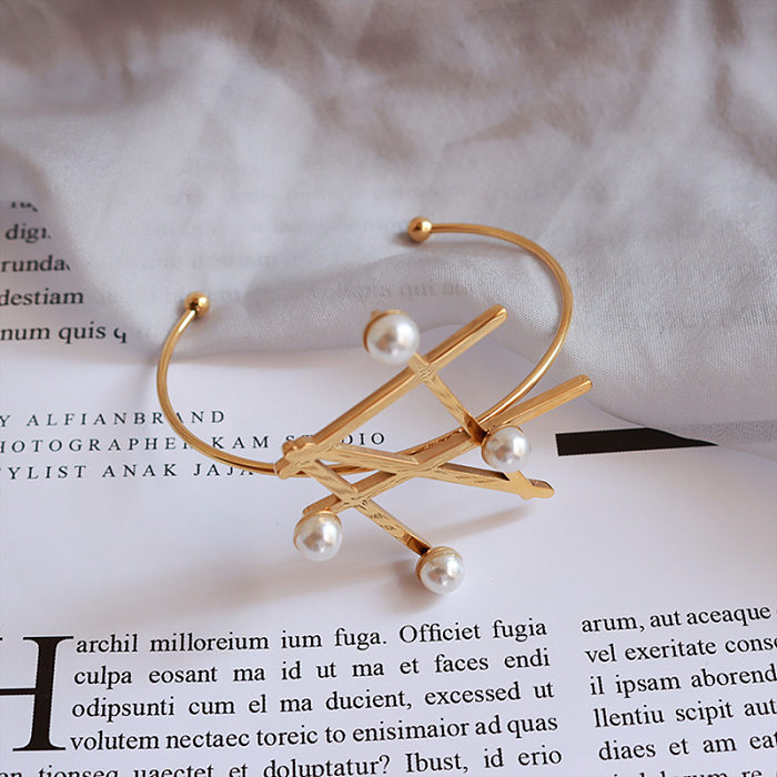 Fashion Style Geometric Pearl Titanium Steel Gold Plated Bracelet Ring