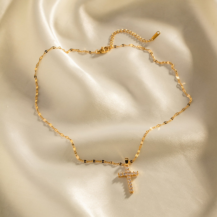 1 Stück Halskette mit Kreuz-Anhänger im INS-Stil, Edelstahl-Beschichtung, Inlay, Zirkon