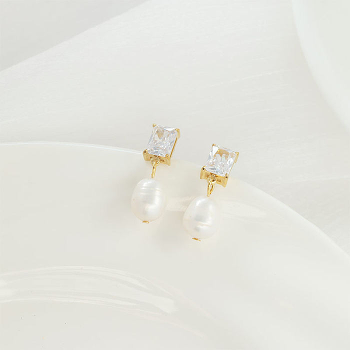 Boucles d'oreilles pendantes en acier inoxydable, 1 paire, Style Simple, incrustation carrée, perle, Zircon, plaqué or 14 carats