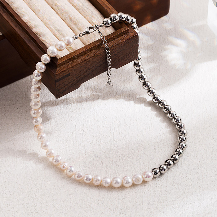 Collar chapado en oro de 18 quilates con perlas de agua dulce de acero inoxidable geométrico de estilo simple de IG a granel