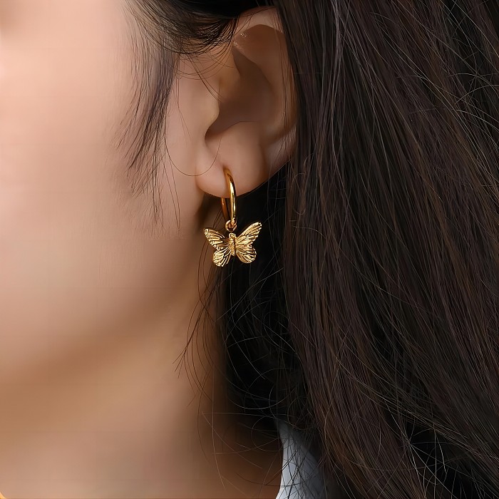 1 paire de boucles d'oreilles pendantes en acier inoxydable plaqué or 18 carats, Style Simple, polissage papillon