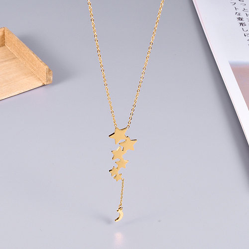 Einfache Halskette mit Stern- und Mond-Anhänger aus Edelstahl, vergoldet, 1 Stück