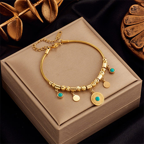 Vintage Style Round Titanium Steel Inlay Turquoise 18K Gold Plated Bracelets