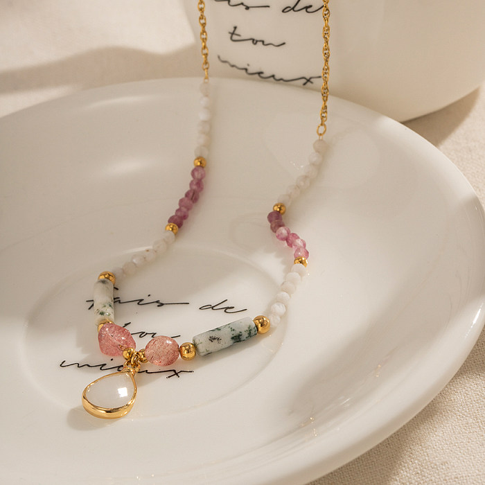 Collier pendentif plaqué or 18 carats, gouttelettes d'eau de Style Simple, incrustation de placage de perles en acier inoxydable, pierre naturelle