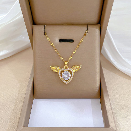 Simple Style Heart Shape Stainless Steel  Inlay Artificial Gemstones Gold Plated Pendant Necklace