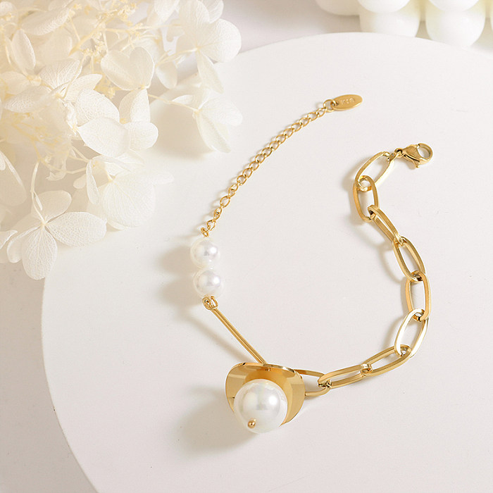 Schlichter Stil, geometrische Armbänder mit künstlichen Perlen, Edelstahlbeschichtung, 1 Stück