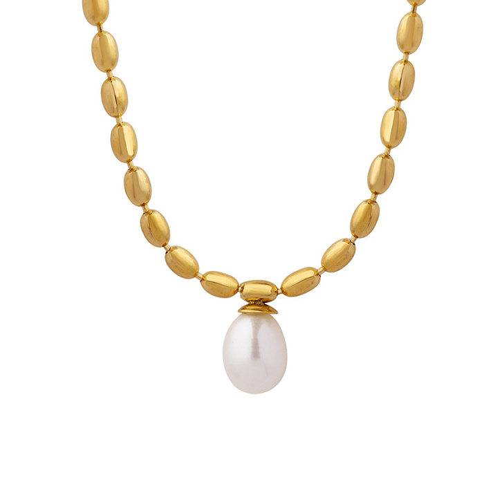 Modische einfarbige Halskette aus Edelstahl mit Inlay und künstlichen Perlen. Halsketten aus Edelstahl