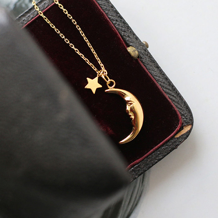 18K Retro Crescent Moon Star Titanium Necklace Wholesale jewelry