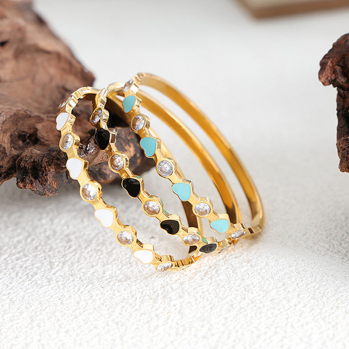 Simple Style Heart Shape Titanium Steel Enamel Plating Inlay Zircon Bangle
