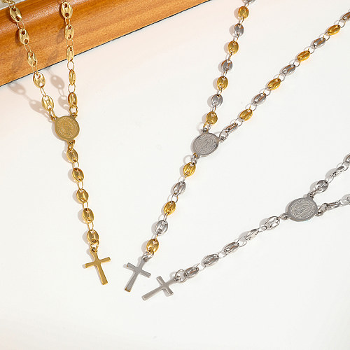 Collier plaqué or 18 carats en acier inoxydable avec croix classique élégante de la Vierge Marie