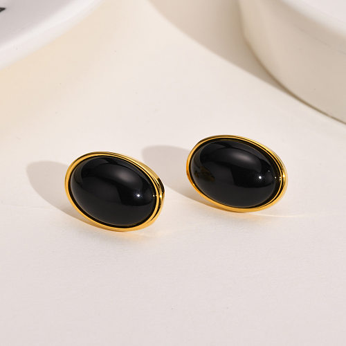 Fashion Oval Stainless Steel  Plating Inlay Agate Ear Studs 1 Pair