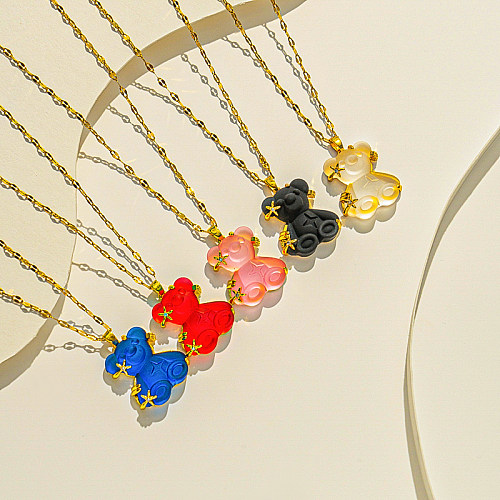 Niedliche Bären-Anhänger-Halskette aus Edelstahl mit künstlichen Edelsteinen