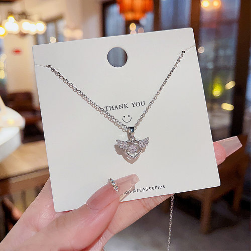 Streetwear Heart Shape Wings Stainless Steel Copper Inlay Artificial Diamond Pendant Necklace